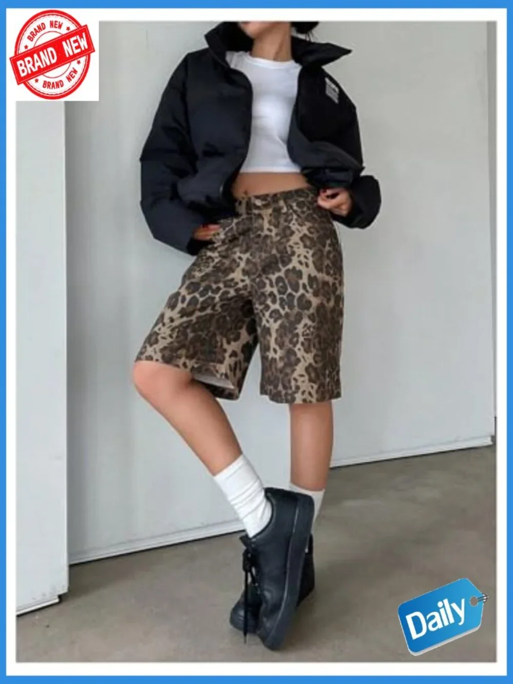 High Waisted Leopard Print Denim Bermuda Shorts Wide Leg Baggy Cargo